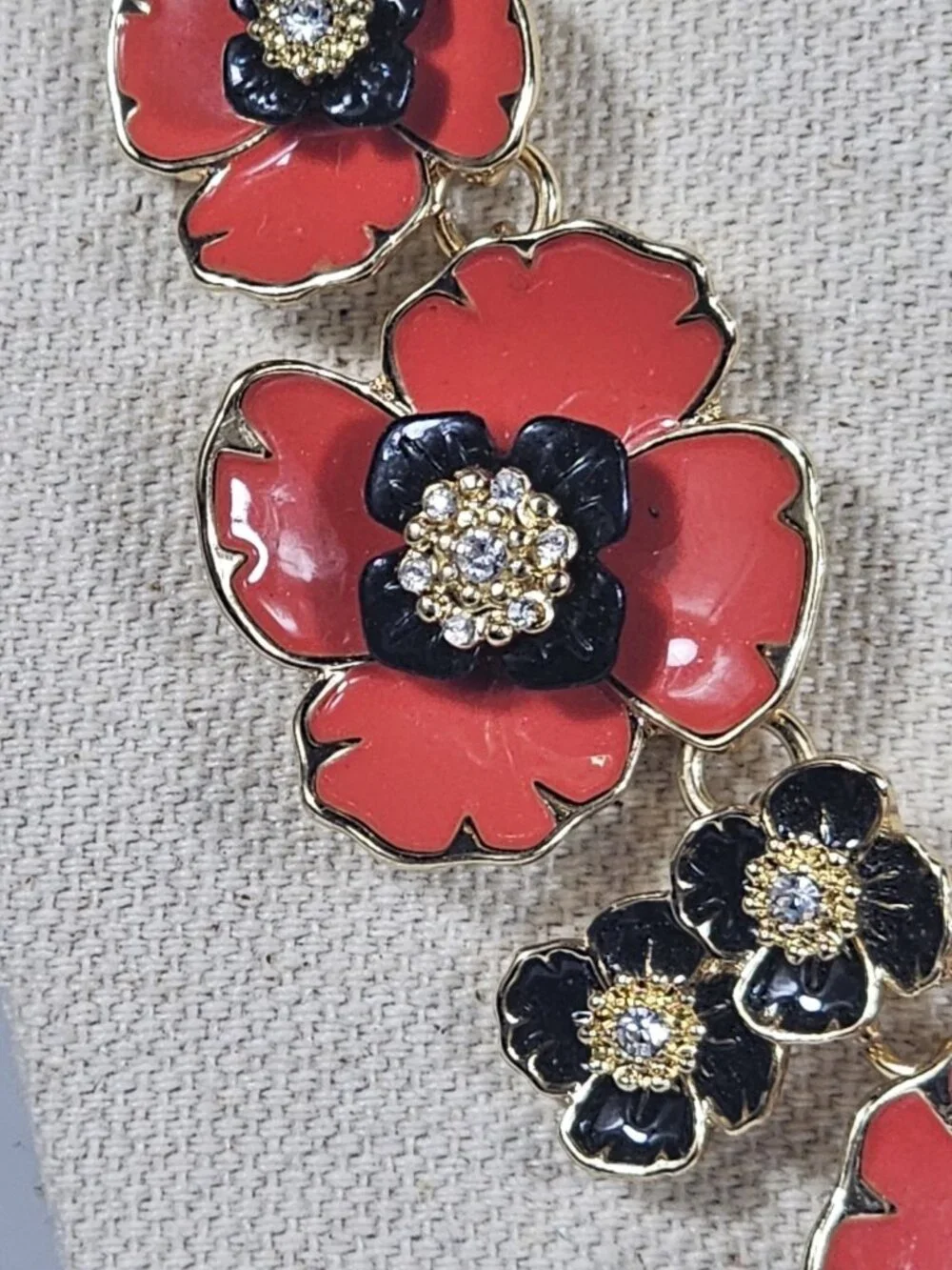 Dana Buchman Red Black Enamel Flower Rinestone Necklace Gold Tone Art Deco